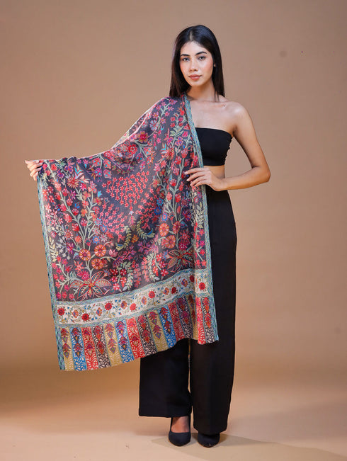 Women's Pure Wool Faux Pashmina Kalamkari Printed Embroidery Stole