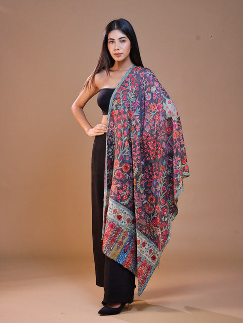 Women's Pure Wool Faux Pashmina Kalamkari Printed Embroidery Stole
