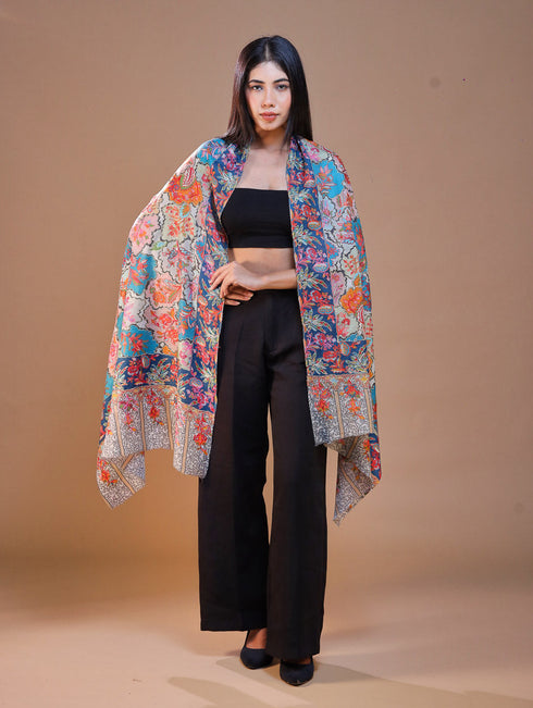 Women's Pure Wool Faux Pashmina Kalamkari Printed Embroidery Stole