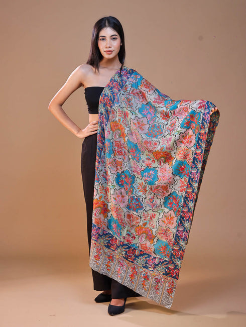 Women's Pure Wool Faux Pashmina Kalamkari Printed Embroidery Stole