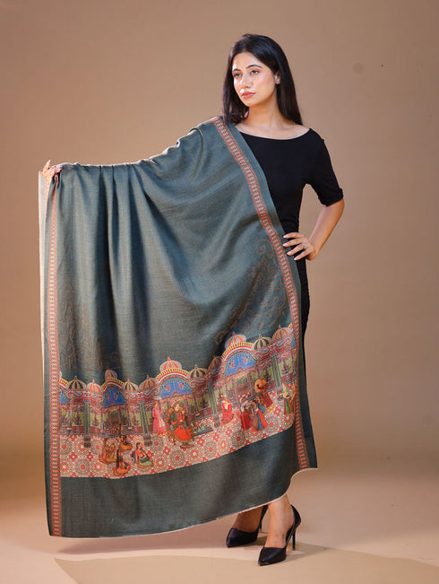 Women's Darbar Printed Wool Shawl with Swarovski Work