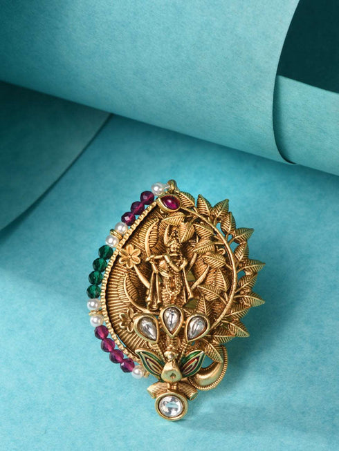 Gold Plated Red Kemp studded enchanting Krishna adjustable Finger ring
