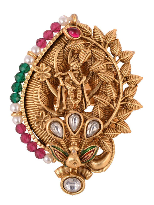 Gold Plated Red Kemp studded enchanting Krishna adjustable Finger ring
