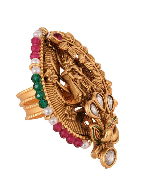 Gold Plated Red Kemp studded enchanting Krishna adjustable Finger ring