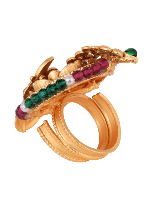 Gold Plated Red Kemp studded enchanting Krishna adjustable Finger ring