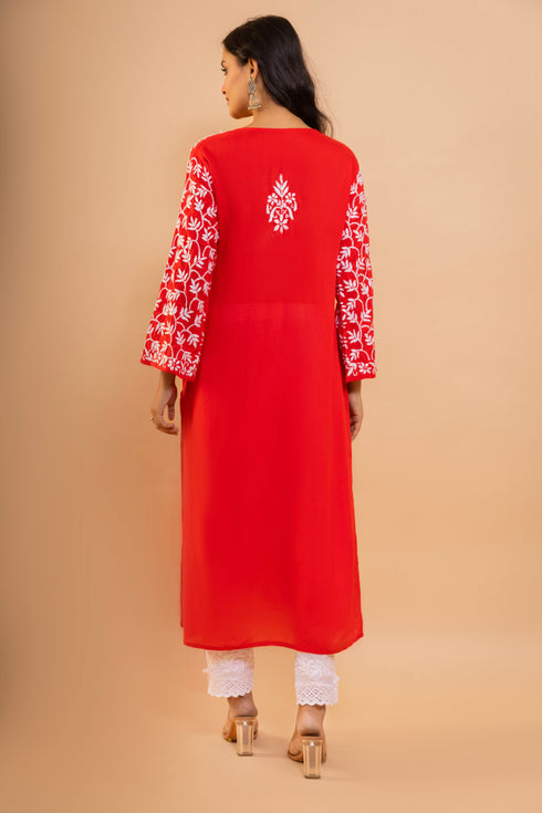 Tanu in Chikankari Radiant Red Modal Cotton Kurta