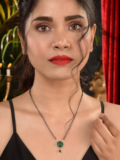 Green Silver Plated AD Studded Minimal Mangalsutra