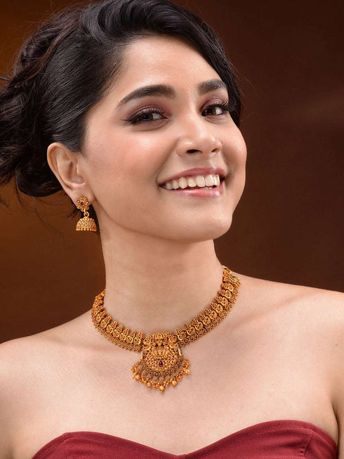 Gold plated Goddess Lakshmi Filigree Temple Jewellry Set