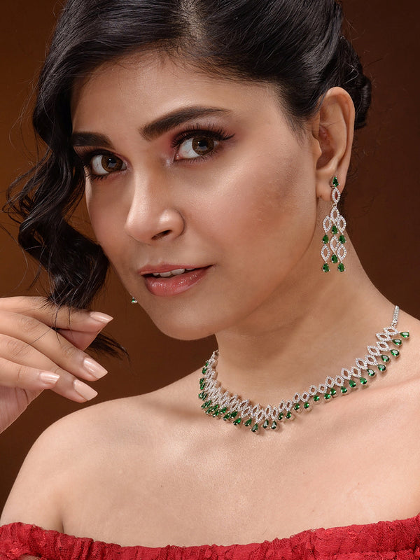 Silver Plated Green AD studded Chandelier Necklace Jewellery Set