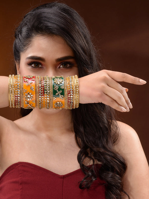 Gold Plated Set of 2 Multicolored traditional Kundan Bangles Bridal Chuda