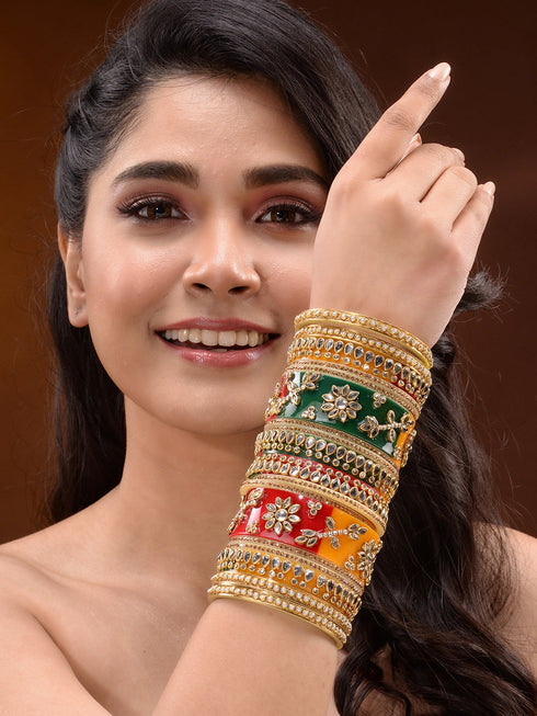 Gold Plated Set of 2 Multicolored traditional Kundan Bangles Bridal Chuda