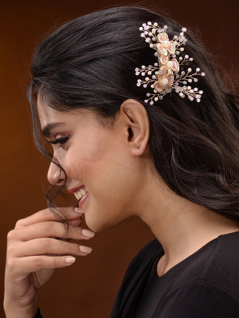 Gold Toned Pink AD Embellished Bridal Comb Pin