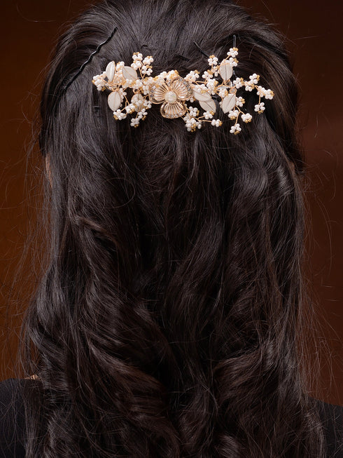 White & Gold Toned Enamelled Pearl Beaded Bridal Comb Pin