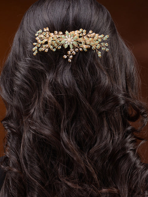 Gold Toned Green Pearl Beaded Bridal Hair pin