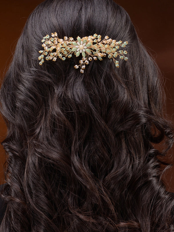Gold Toned Green Pearl Beaded Bridal Hair pin