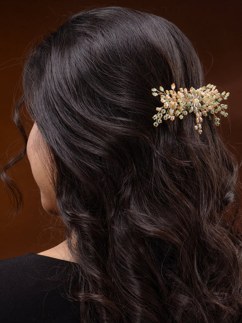 Gold Toned Green Pearl Beaded Bridal Hair pin