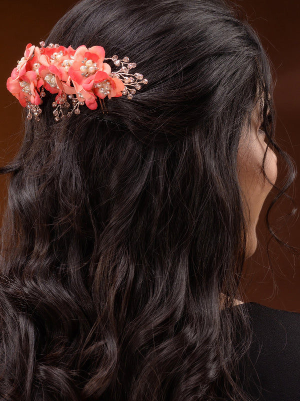 Peach Flowers Pearls & Crystal Embellished Bridal Hair Tiara
