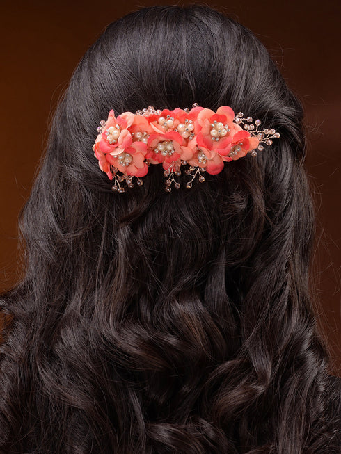 Peach Flowers Pearls & Crystal Embellished Bridal Hair Tiara