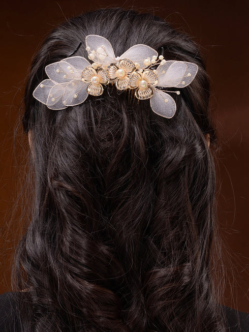 White Gold Toned Enamelled Pearl Beaded Bridal Comb Pin