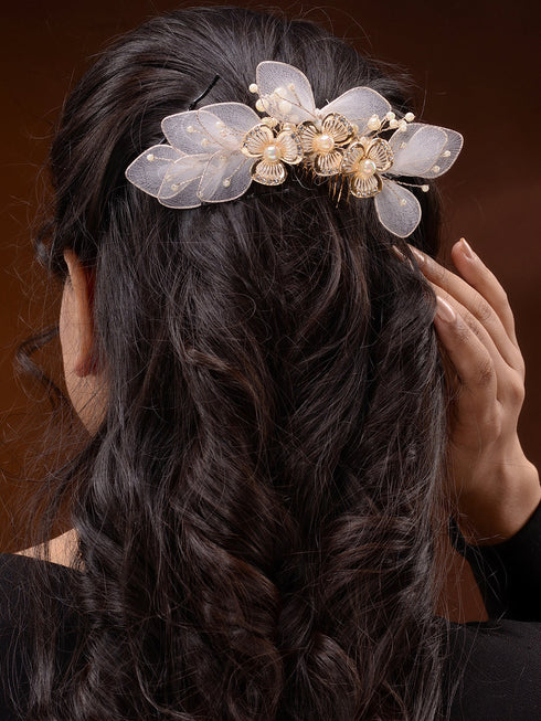 White Gold Toned Enamelled Pearl Beaded Bridal Comb Pin