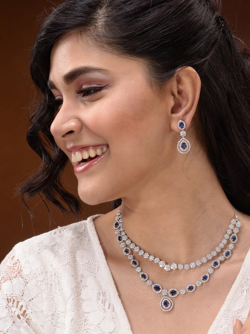 Silver Toned Blue AD studded double layer Necklace jewellery Set