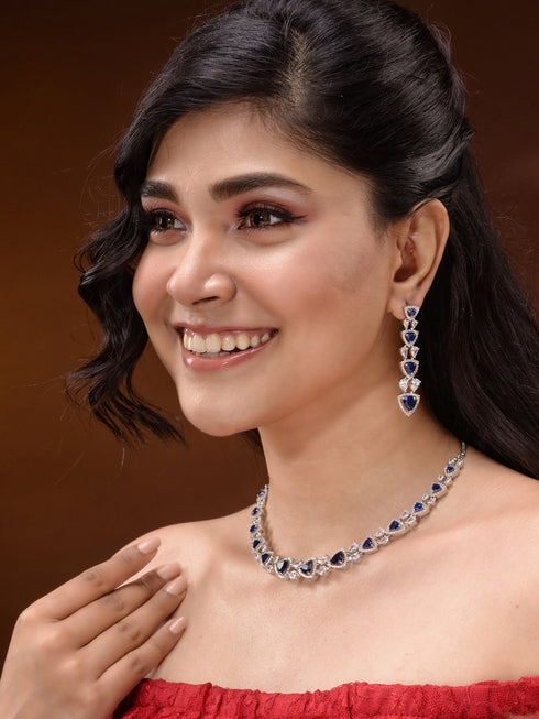Silver Toned Blue AD studded Triangle shaped designer Necklace Jewellery Set