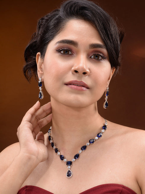 Silver Toned Blue AD studfded designer Necklace Jewellery Set