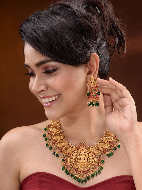 Gold Plated Kemp stone studded Temple design Necklace Green beads Jewellery set