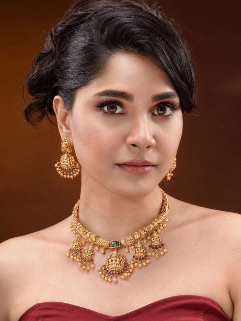 Gold Plated Multi stone studded Pearl beaded Handcrafted Temple Jewellerey Set