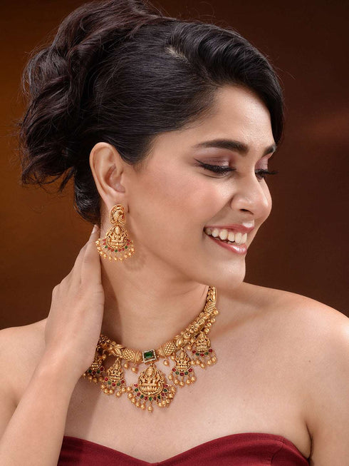 Gold Plated Multi stone studded Pearl beaded Handcrafted Temple Jewellerey Set