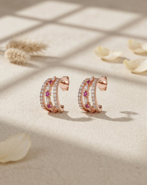 18kt Rose Gold Plated Ruby Studded Triple Band Layered Half Hoop Earring