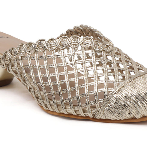 Women's Elegant Metallic Woven Mule Intricate Closed-Toe Low Heel