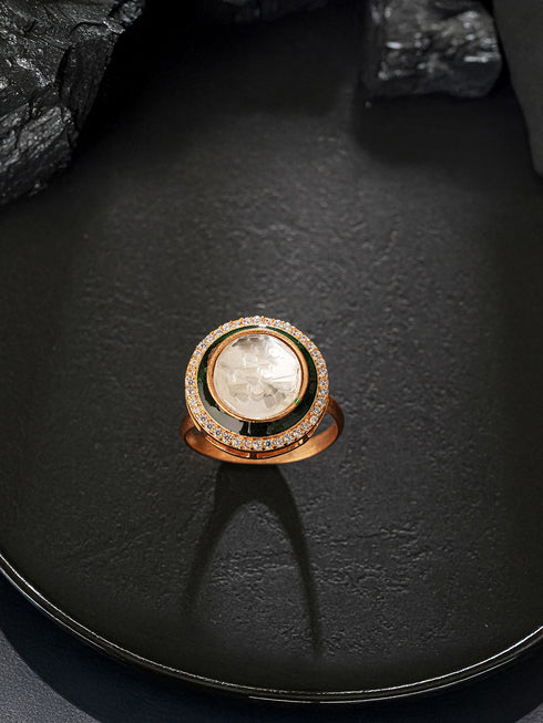 Gold Plated Incut Kundan Mossanite Studded Minimal Bridal Adjustable Handcrafted Finger Rings