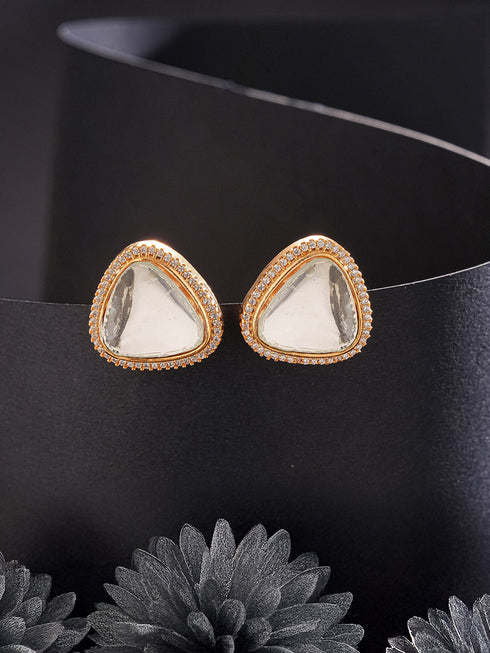 Gold Plated Uncut Mossanite Polki Statement Big Triangle Studds Earrings