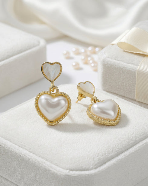 Gold Plated Pearl and MOP Heart Drop Earring