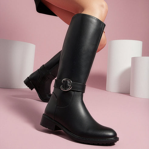 Women's Tall Moto-Style Riding Boot - Knee-High Footwear with Buckle Detail
