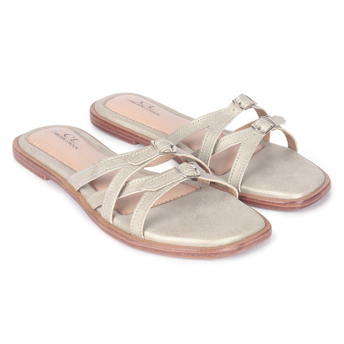 Women's Flat Slide Sandal with Criss-Cross Straps & Buckles