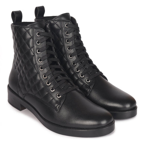 Women's Chic Quilted Ankle Combat Boot with Lace-Up Closure