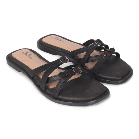 Women's Flat Slide Sandal with Criss-Cross Straps & Buckles