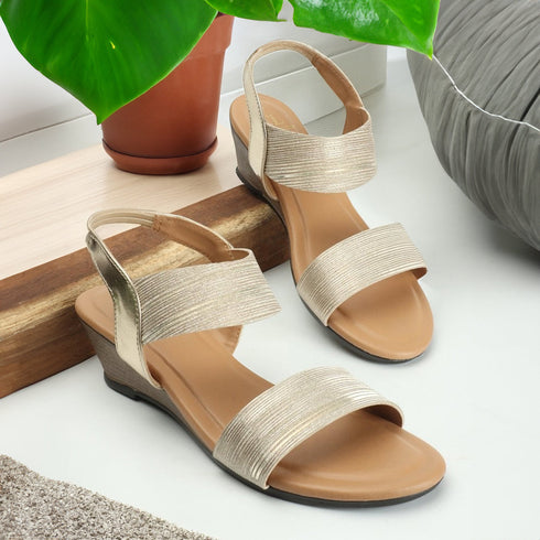 Women's Gold Elasticated Wedge Sandals