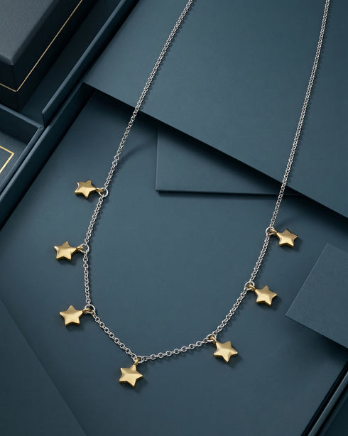 18kt Gold & Rhodium Plated Dual Tone Dangling Star Charm Necklace
