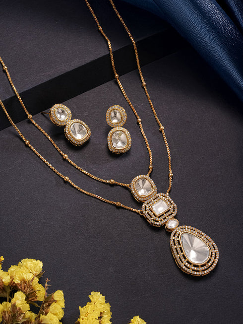 Gold Plated White Victorian Kundan Polki Studded Festive Minimal Pendant Chain Jewellery Set