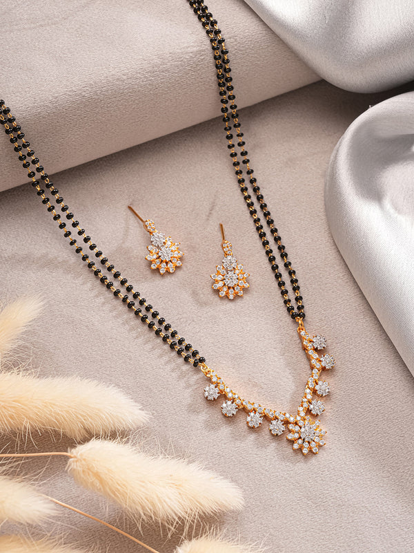 Gold Toned AD Studded Black Beads Studded Designer Floral Mangalsutra Jewellery Set