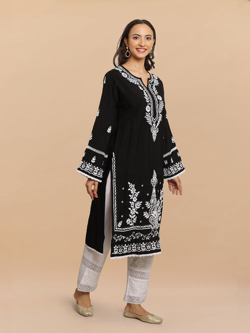 Saba Chikankari Long kurta in Modal Silk - Black
