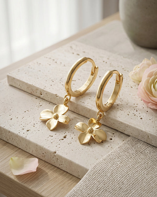 18kt Gold Plated Dangling Blossoming Flower Mini Hoop Earring