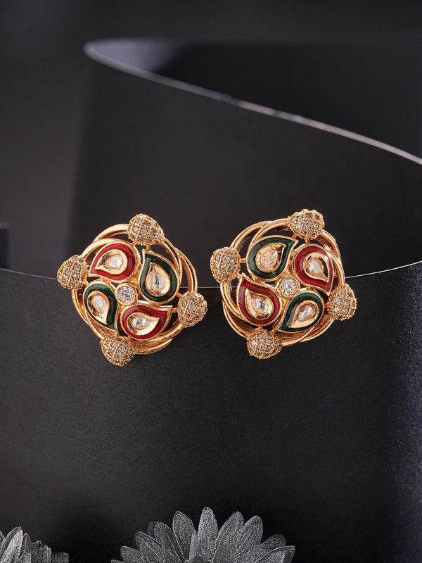 Gold Plated Uncut Moissanite Kundan Studded Mango Design Minimal Studds Earrings