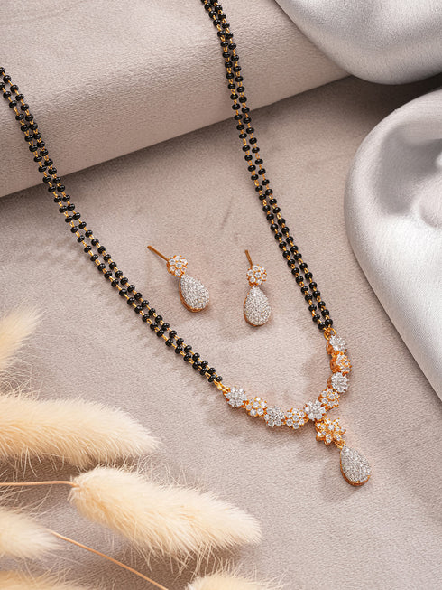 Gold Toned AD Studded Black Beads Studded Designer Solitaire Type Mangalsutra Jewellery Set