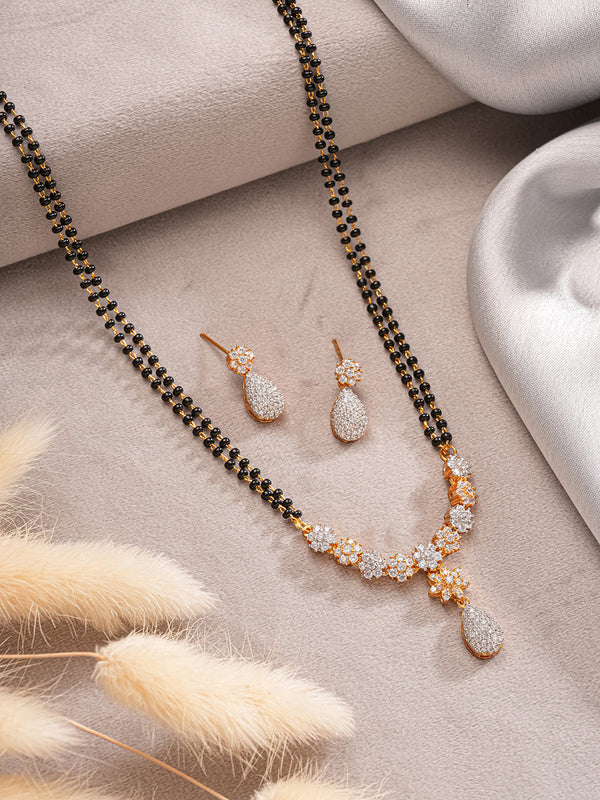 Gold Toned AD Studded Black Beads Studded Designer Solitaire Type Mangalsutra Jewellery Set