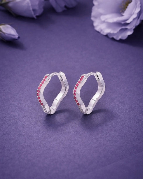 925 Sterling Silver Rhodium Plated Pink CZ Contemporary Wave Earring