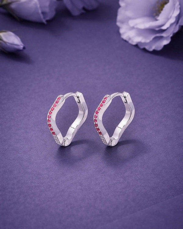 925 Sterling Silver Rhodium Plated Pink CZ Contemporary Wave Earring